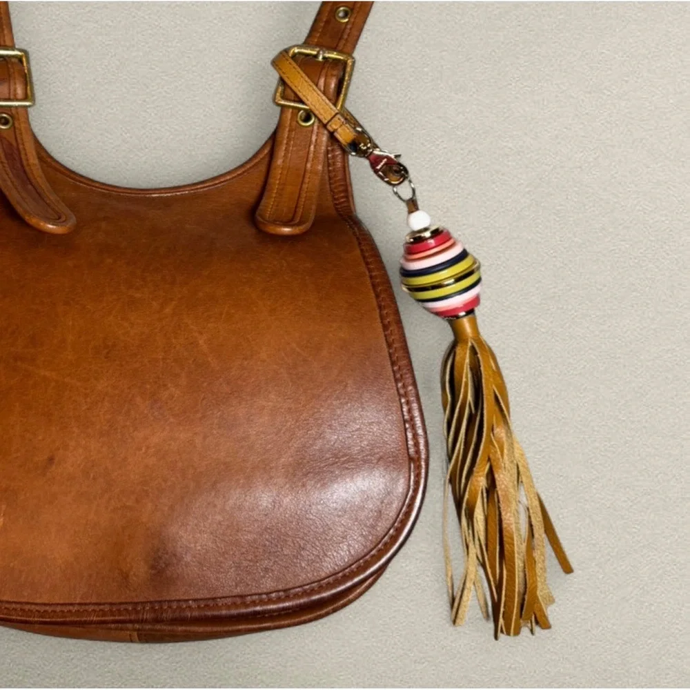 Fossil‎ Leather Tassel Bag Charm Multicolor Resin Ring Keychain Boho